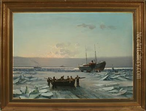 Hard Winter With A Stranded Ferry In The Ice Oil Painting - Carl Johann Neumann