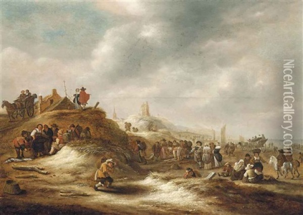 The Beach At Scheveningen, With Elegant Figures And Fishermen Selling Their Catch Oil Painting - Nicolaes Molenaer