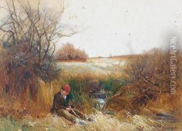 A Boy Cutting Reeds By A Stream Oil Painting - Benjamin D. Sigmund