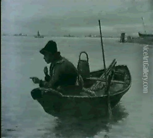 Fishing On The Lagoon, Venice Oil Painting - Antonio Ermolao Paoletti