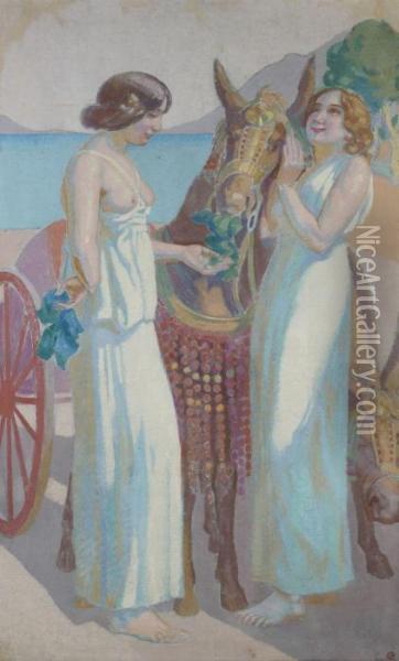 Jeux De Nausicaa: Deux Femmes Pres D'une Mule Harnachee Oil Painting - Maurice Denis