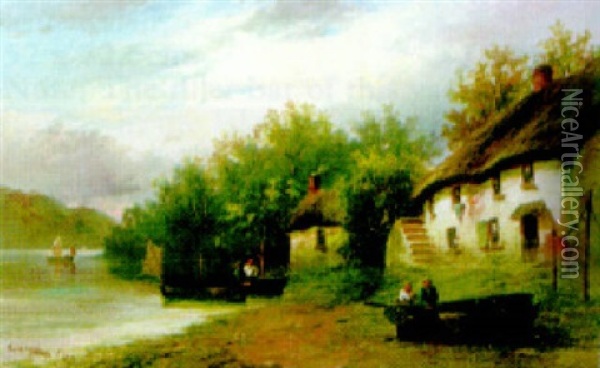 Fishermen's Cottages On The Banks Of The Dart Oil Painting - George Henry Jenkins