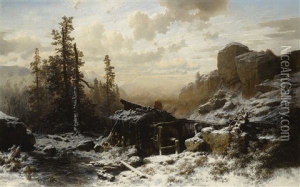A Mill In A Mountainous Winter Landscape Oil Painting - Richard Zimmermann