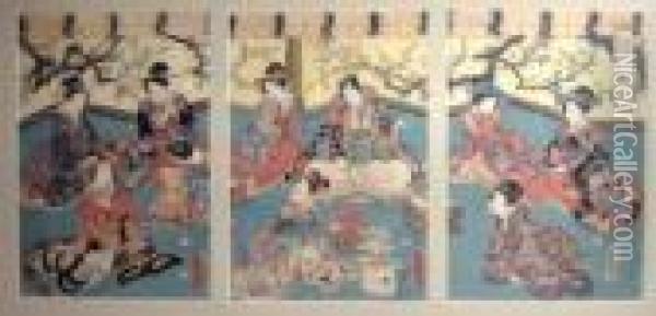 Triple Oban Court Scenes Oil Painting - Kunisada