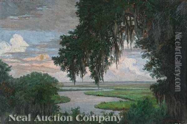 Oak Tree Draped With Spanish Moss, Louisiana Bayou Landscape Oil Painting - Charles Wellington Boyle