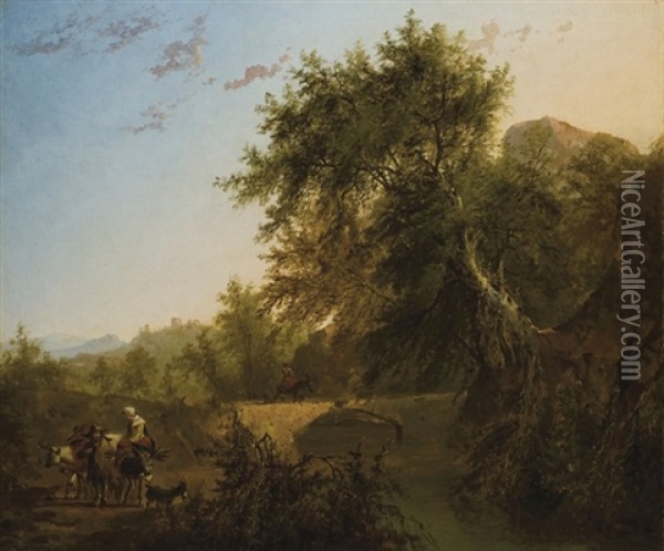 A Landscape With A Bridge And Peasants Oil Painting - Louis Gabriel Moreau the Elder
