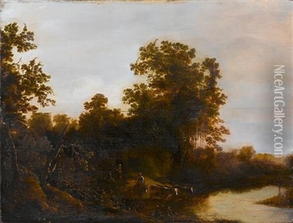 A River Landscape With Cattle Watering And Figures Resting On The Banks Oil Painting - Cornelis Snellinck