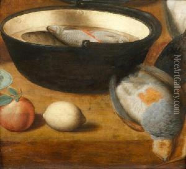 Still Life With Fruits, A Dove And Fishes In A Wooden Trough Oil Painting - Georg Flegel