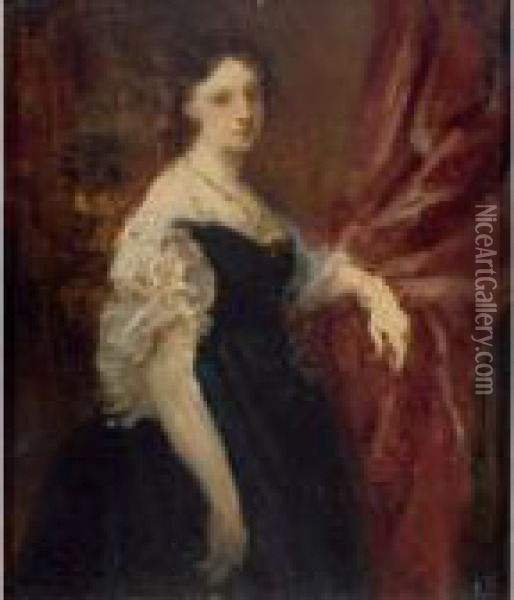 An Elegant Lady, Standing Three-quarter Lenght Wearing An Evening Dress Oil Painting - Bernhard Plockhorst