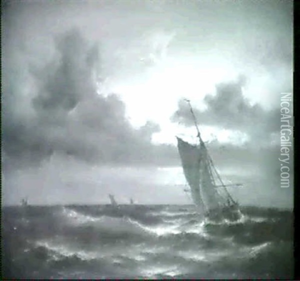 Marine Med Fiskerbade, Aften Oil Painting - Daniel Hermann Anton Melbye