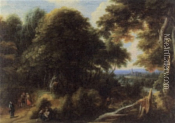 Extensive Landscape With Travelers And A Town In A Distance Oil Painting - Jacques d' Arthois