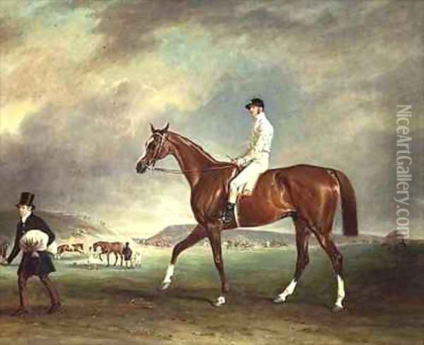 The Cur chestnut racehorse with jockey up on Newmarket Heath Oil Painting - John Snr Ferneley
