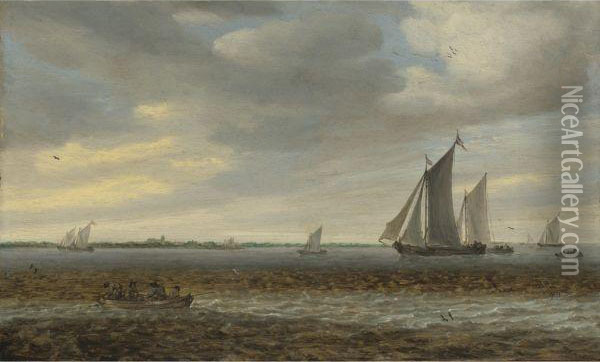 Sailboats And A Rowboat In Coastal Waters Oil Painting - Salomon van Ruysdael