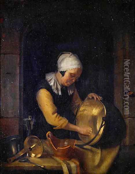 An Old Woman Scouring a Pot, c.1660 Oil Painting - Godfried Schalcken