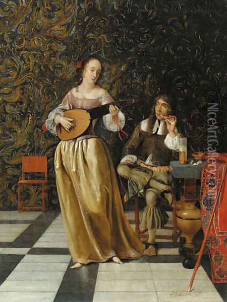 A lady playing a lute with a gentleman seated at a table in an interior Oil Painting - Eglon van der Neer