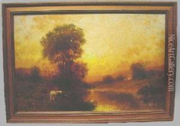 Sunset River Landscape With Cattle Oil Painting - Karl Eugen Felix