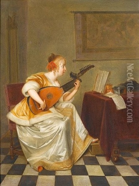 A Young Lady Playing A Lute In An Interior Oil Painting - Gerard ter Borch the Younger