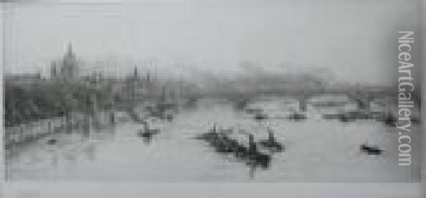 Barges Near Blackfriars Bridge Oil Painting - William Lionel Wyllie