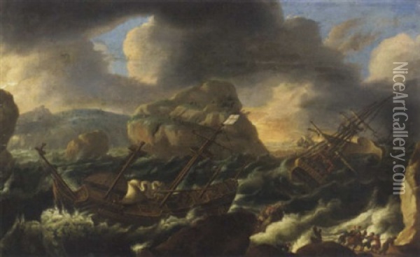 Shipping In A Storm Off A Rocky Coast Oil Painting - Orazio Grevenbroeck