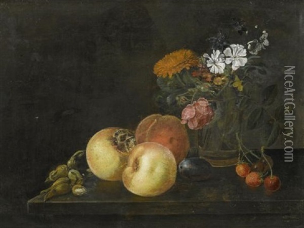 Fruchtestilleben Mit Blumen Oil Painting - Louis Hermans