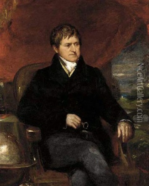 Portrait Of Granville John Penn Seated Before A Draped Red Curtain, A River Landscape Beyond Oil Painting - Sir John Hoppner