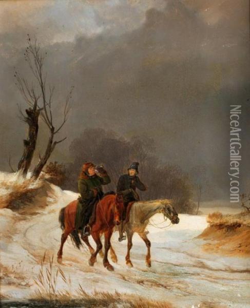 Zwei Reiter In Verschneiter Landschaft Oil Painting - August Richard Zimmermann