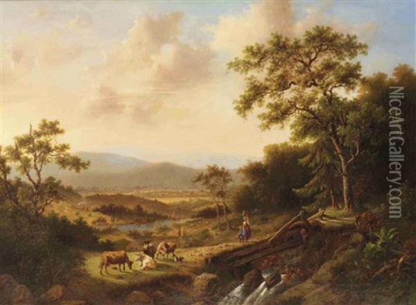 A Summer Landscape With Cows And Peasants, A Village In The Distance Oil Painting - Marinus Harting