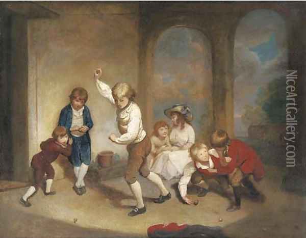 Boys playing at peg-top in the cloisters at Westminster School Oil Painting - Richard Morton Paye