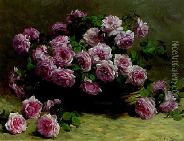 Pink Roses In A Basket Oil Painting - Flore Vindevogel-Geleedts