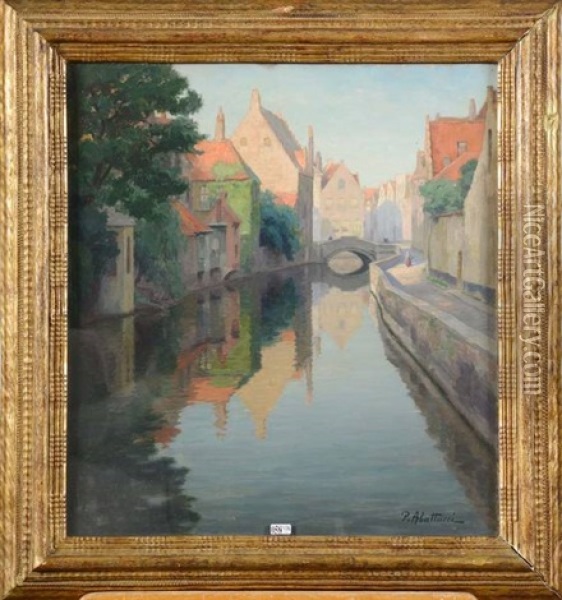 Quai De La Main-d'or, A Bruges Oil Painting - Pierre Abattucci