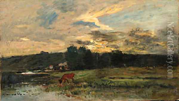 Landscape with Cow watering at a quiet Pool Oil Painting - Charles-Francois Daubigny