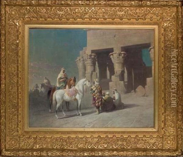 Chefs Bedouins Devant Le Temple De Kom-ombos En Haute-egypte Oil Painting - Felice Cerruti-Beauduc