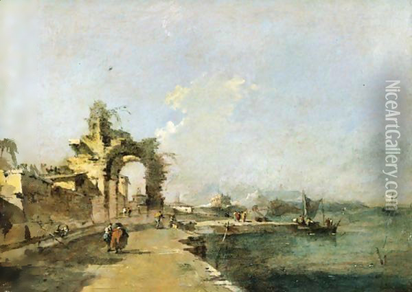 A Venetian Capriccio Of The Lagoon With Figures And A Ruined Arch Beyond Oil Painting - Francesco Guardi