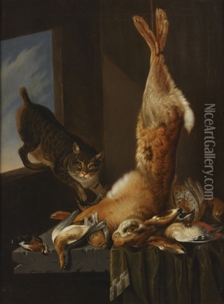 Still Life With Hare, Birds And Cat In Pantry Window Oil Painting - Cornelis van Lelienbergh