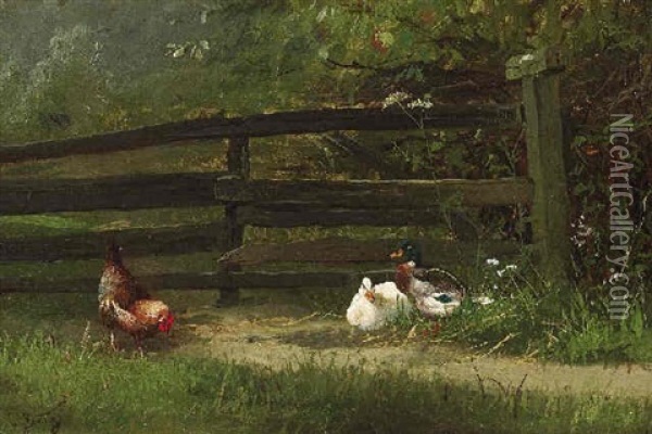 Enten Und Hennen Vor Einem Gatter Oil Painting - Carl Jutz the Elder