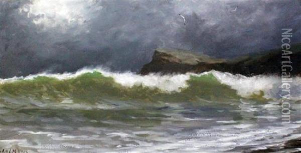 'an Atlantic Roller', Constantine Bay Oil Painting - James H.C. Millar