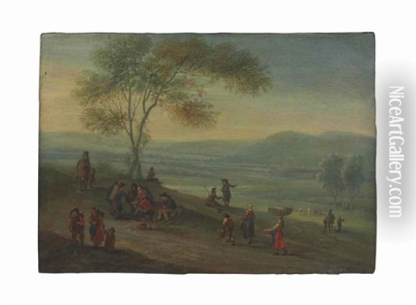 An Extensive Landscape With Travelers Oil Painting - Joseph van Bredael