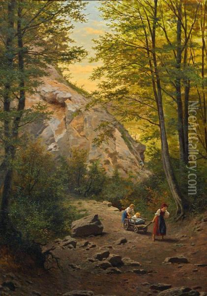 Kinder Am Waldweg Oil Painting - Anton Ebert