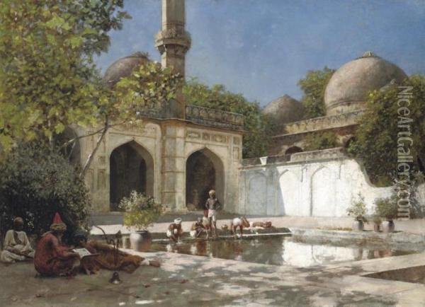 Figures In The Courtyard Of A Mosque In Ahmedabad Oil Painting - Edwin Lord Weeks