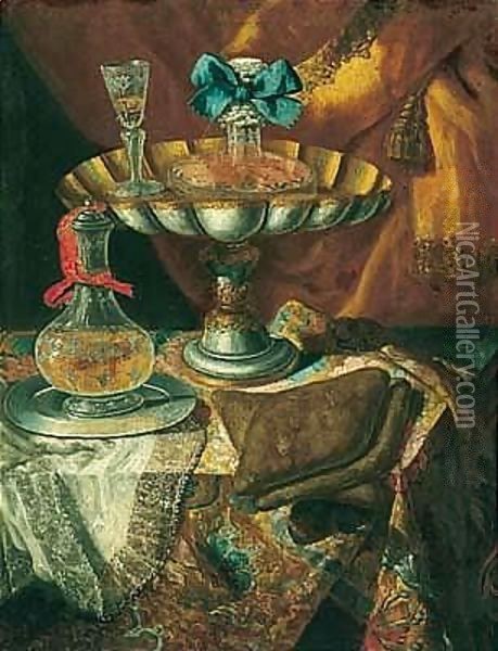 Still life of a wine glass and bottle in a parcel gilt tazza together with a glass decanter on a pewter dish upon a draped tabletop Oil Painting - Maximilian Pfeiler