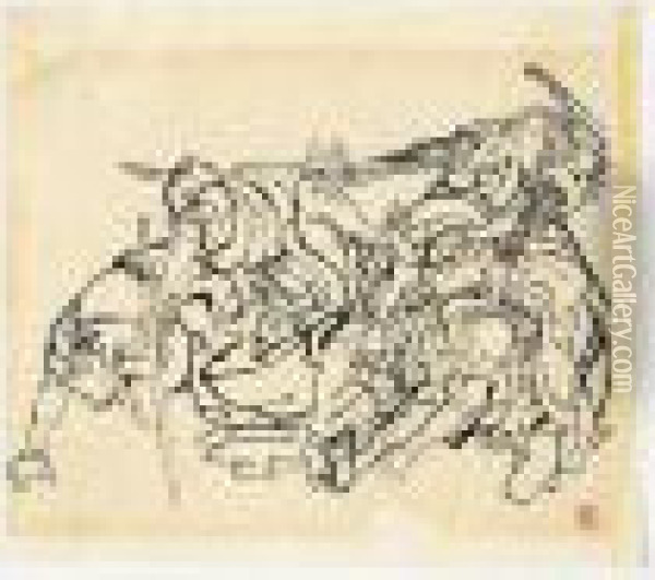 Dessin: Lutte De Guerriers Oil Painting - Katsushika Hokusai