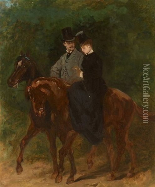 Couple D'elegants A Cheval Oil Painting - Edouard Jean Baptiste Detaille