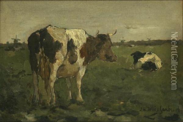 Cows In A Polder Landscape Oil Painting - Jan Hendrik Weissenbruch