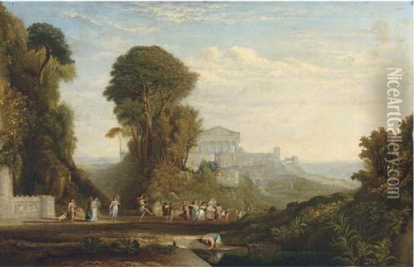 A Bacchanalean Procession In An Arcadian Landscape Oil Painting - John Martin