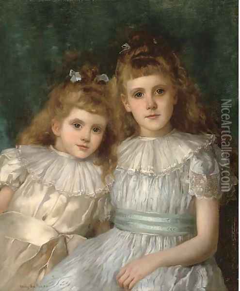 Portrait of sisters, half-length, the elder in a blue dress with white collar, the younger in an oyster coloured dress Oil Painting - John Shirley Fox