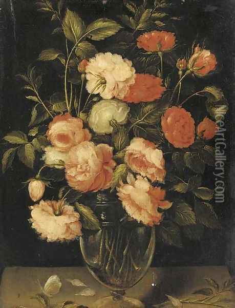 Red, pink and white roses in a glass vase with a butterfly on a ledge Oil Painting - Alexander Adriaenssen