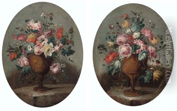 Roses, Carnations, Narcissi And Other Flowers In An Vase On A Ledge (+ Roses, A Tulip, Carnations, And Other Flowers In An Vase On A Ledge; Pair) Oil Painting -  Pseudo Guardi