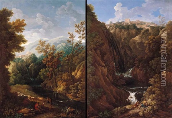 A Classical Landscape With Shepherds Beside A Waterfall, A View Of Tivoli (?) Oil Painting - Jan Frans van Bloemen