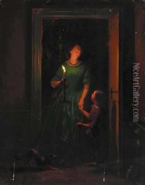 A Mother And Child At A Candlelit Doorway Oil Painting - Charles Guillaume Rosier