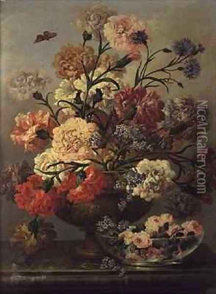 Carnations and forget me nots with roses in a glass bowl Oil Painting - Johann Baptist Drechsler